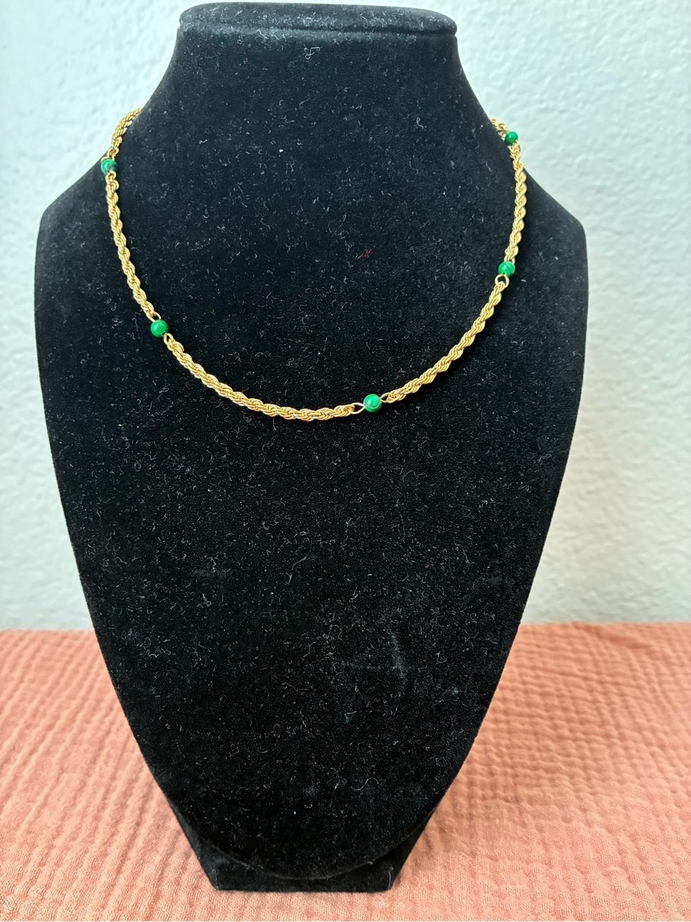 Gold Tone Rope Chain Necklace with Green Beads - Women Jewelry 15”-17”